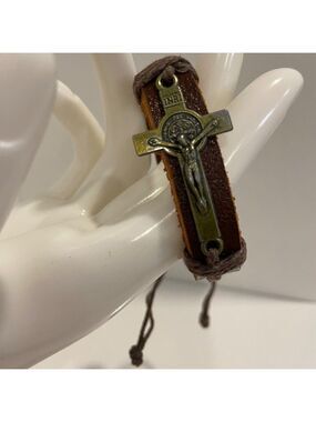 Brown Leather Christian Crucifix Bracelet With Adjustable Cord & Cross Char